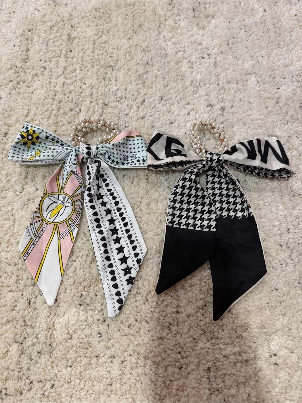 Pearl Bow Hair Scarf Duo - Black & Pastel Pink/White